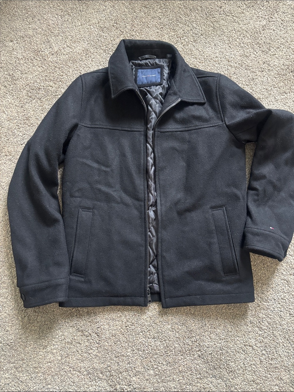Tommy Hilfiger Black Wool-Blend Pea Coat with Quilted Interior